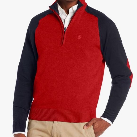 IZOD Men's 1/4 Zip Color Blocked Arm and Elbow Patch Sweater. Size XL. Red/Blue - Picture 1 of 9